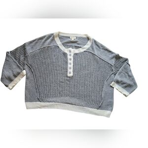 POL Gray White Open Knit Henley Oversized Sweater Cropped - Size Small